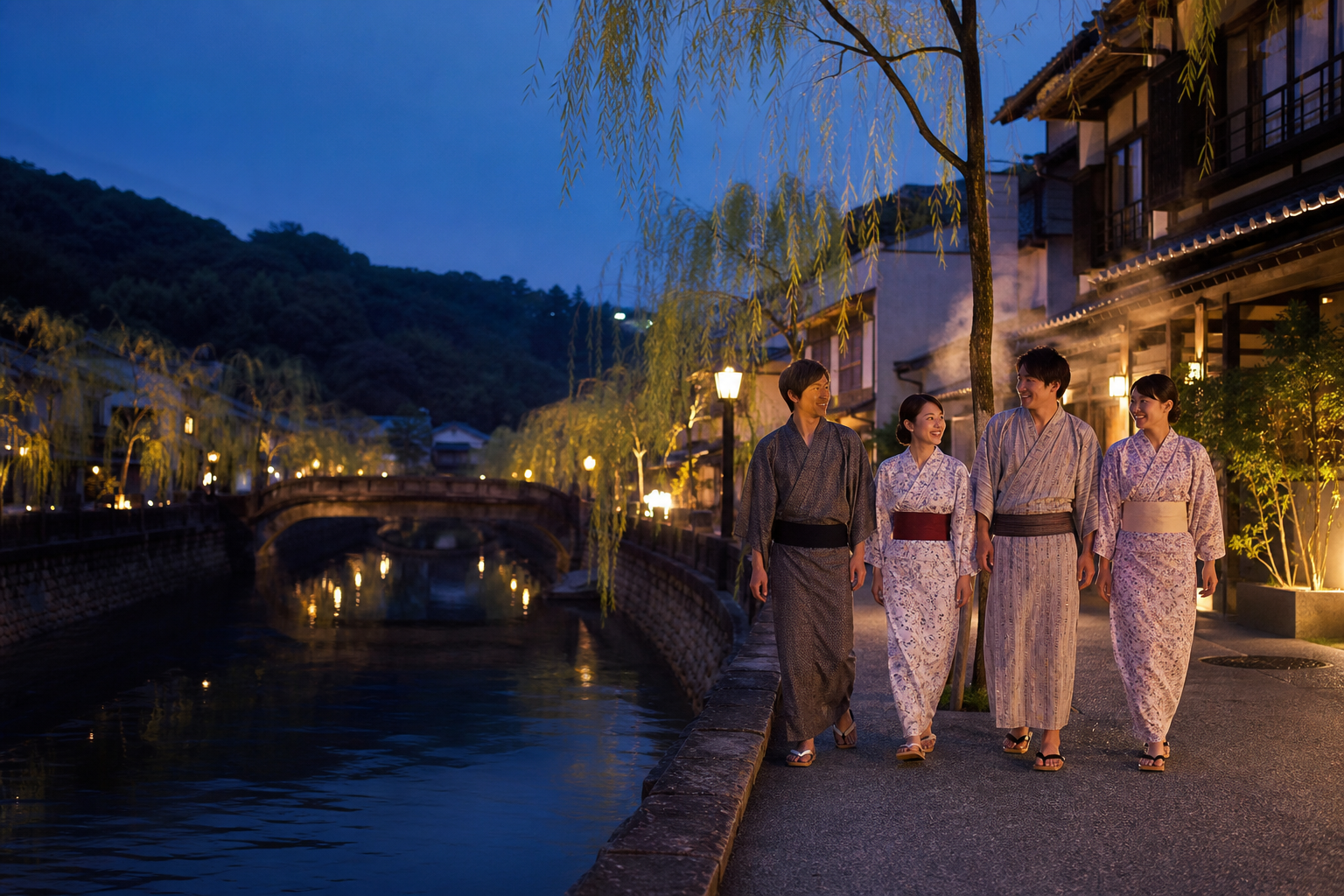 Escena nocturna de cuatro jóvenes en Kinosaki Onsen